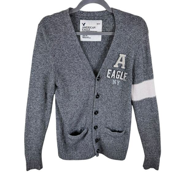 American Eagle Gray V-Neck Button Up Letterman Sweater Wool Cotton Size XS - Picture 1 of 6